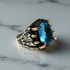 Aquamarine Claw Statement Men Ring 925 Sterling Silver Handmade Jewelry Gift - Picture 1 of 6