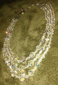 VINTAGE Clear CRYSTAL BEAD 3 Tier NECKLACE Faceted CLASP BAR - Picture 1 of 16