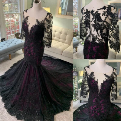 Gothic Mermaid Wedding Dresses Black Purple Beading Illusion Custom Bridal Gown - Image 1 of 4