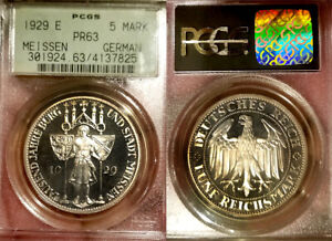 Germany 1929E 5 Marks, Meissen Rare PCGS 63++ PQ, Heavy Cameo Proof, Rare Grade