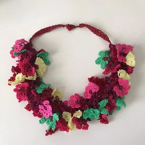 Rainbow Crochet Choker, Handmade Hair Piece, Pink Boho Bead Collar, Unique Gift, - Picture 1 of 9