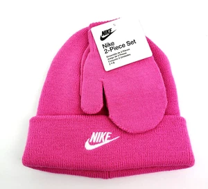 Nike Baby Girls Size 2T/4T Playful Pink Knit Warm Beanie Hat Mitten 2 Piece Set - Picture 1 of 5
