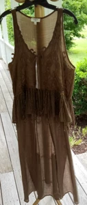 Sz L Umgee Dark Brown Womens Southwestern Boho Open Front Fringe CoverUp Kimono - Picture 1 of 9