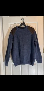 Barbour Sweater Men's Large Blue w. Brown 100% Pure Wool Knit Crew Pullover - Picture 1 of 8