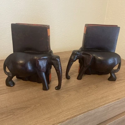 2 Vintage BOOKENDS Hand Carved Wood Elephant Brown Tusks - Image 1 of 4