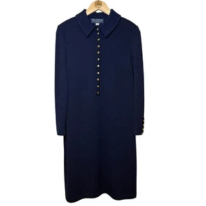Vestido St. John Collection Marie Gris De Colección Santana Tejido Cuello Botón Azul Marino Talla 12 - Imagen 1 de 7