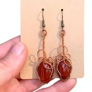 Carnelian Crystal Dangle Earrings Handmade Copper Wire Wrap Gemstone Wife Gift - Picture 1 of 13
