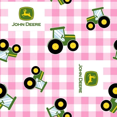 34 Inches John Deere Nursery Tractor Logo Plaid Pink Cotton Fabric 76481 - Image 1 of 2