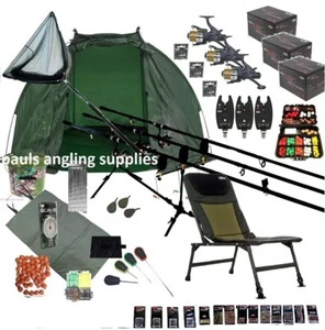 Carp Fishing Set Up Kit Full 3 Rod Rods Reels Chair Tackle Shelter Net Bait . - Picture 1 of 3
