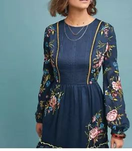 SEEN WORN KEPT Anthropologie Jamila Embroidered Tunic Dress Teal Long Sleeve M - Picture 1 of 21