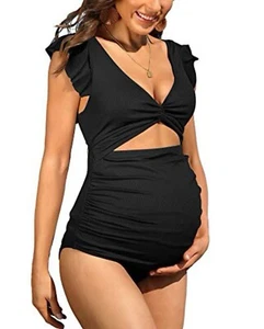 Charmo Ruffle Ribbed Maternity Swimsuit One Piece HighWaisted Pregnancy Size L - Picture 1 of 5