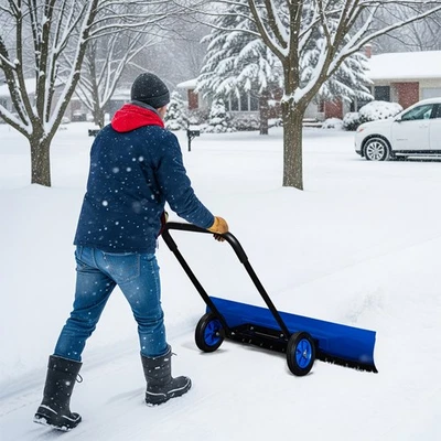 39in Wide Snow Pusher Shovel for Driveway with Wheels Heavy Duty Snow Plow Shove - Image 1 of 4