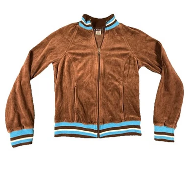 Jaqueta de pista vintage autoestima marrom e azul veludo com zíper tamanho M Y2K - Imagem 1 de 4