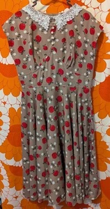 Hell Bunny Vixen L Dress Brown Red Apple Print Floral Lace Collar Midi Swing - Picture 1 of 17