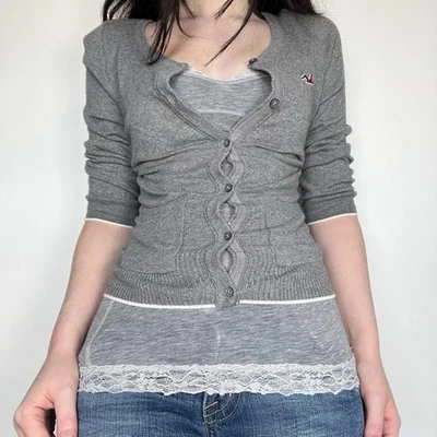 Y2K 2000s Vintage Grey Hollister Sweater Button Up Cardigan Coquette Size Large - Image 1 of 4