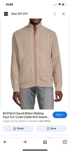 Buffalo David Bitton Men's Tan Walkley Faux Fur Lined Cable Knit Sweater Sz 3XL - Picture 1 of 11