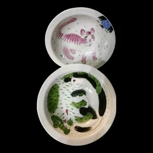 Kitten Cat Bowls W/Blue Bird Hand Painted Whimsical Helina Tilk Set Of 2 EUC - Picture 1 of 9