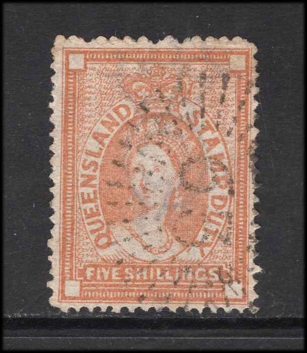 M27003 Australia Queensland 1871 5/- Orange/Brown Fiscal Good Used SgF21 Cat£250 - Image 1 of 1
