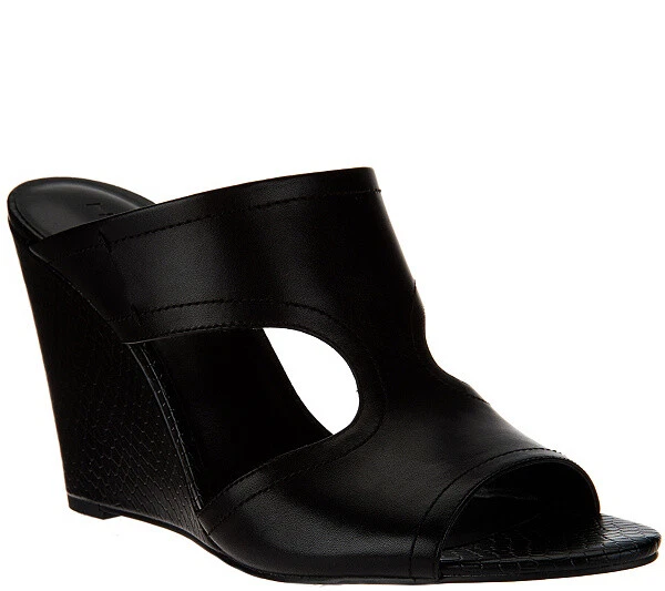 H by Halston Open-Toe Cut-Out Leather Mules | Holly Black | 9M - Image 1 of 4