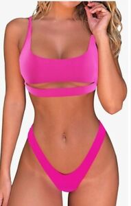 Womens Sexy Bikini Bathing Suit Low Scoop Neck, hot pink. Size Large NWOT