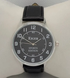 Herrenuhr Eiger klassisch Sport rund silberfarben schwarzes Zifferblatt Lederband M2 - Bild 1 von 9