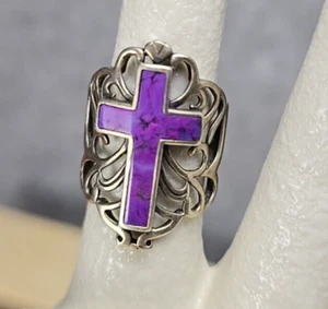 Sterling FP Stamped 9.25 Purple TURQUOISE Stone Cross Ring Size 7 - Picture 1 of 10