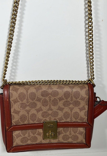 Borsa Coach Hutton 3492 marrone ruggine tracolla patta firma tela pelle cinturino catena