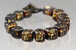 Genuine BALTIC AMBER Carved CUBE Beads UNISEX Knotted Bracelet 28.6g 201216-2