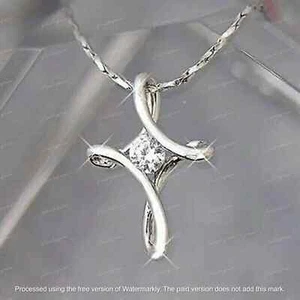 14k White Gold Plated 2Ct Round Cut Lab Created Diamond Women's Cross Pendant - Picture 1 of 1