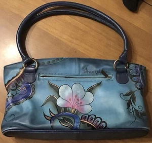 Anuschka Handtasche/Geldbörse handbemalt Leder blau Blumen blau Paisley - Bild 1 von 12