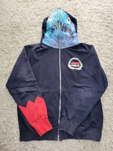 A BATHING APE (BAPE) Felpa con cappuccio Bape x Jaws Shark design Navy Ape taglia Large DS 100% autentica