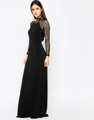 NUEVO CON ETIQUETAS MAXI VESTIDO FOREVER ÚNICO LONDRES NEGRO MARISSA ADORNADO CUELLO TALLA 10 Foto 1 de 4