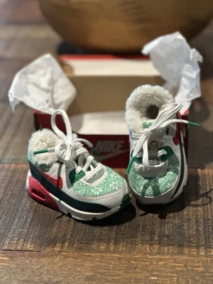 Nike Air Max 90 Zapatos para Niños Pequeños 4C Verde Rojo Forrado de Piel Tenis de Vacaciones NUEVO Foto 1 de 4