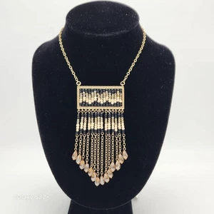 Susan Graver Avalon Fringe Boho Necklace Gold Tone White Black Beige Beads NEW - Picture 1 of 7