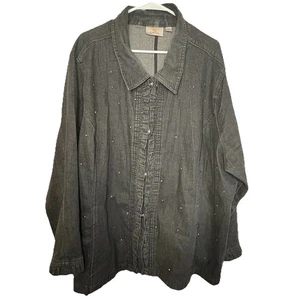 VTG Quacker Factory Jacket Size 3X Black Button Denim Studded Rhinestone Ruffles - Picture 1 of 10