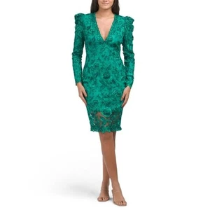 TADASHI SHOJI Midikleid smaragdgrün blau Blumen bestickt Puffschulter 4 - Bild 1 von 12