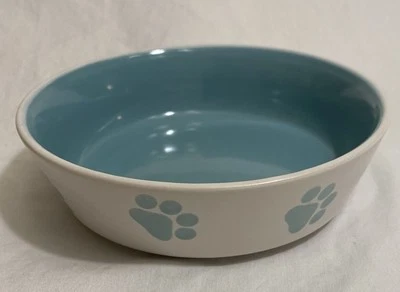 Spectrum Designz Stoneware 5” Dog Bowl White/Blue Paw Prints Replacement NEW - Image 1 of 4