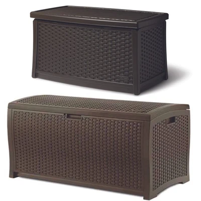 Mesa de centro de mimbre de resina para exteriores Suncast, caja de cubierta de resina Java y 73 galones, moca Foto 1 de 4