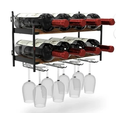 Estante de vino de metal de madera para pared - Tiene capacidad para 8 botellas de vino y 8 soportes de vidrio de vajilla Foto 1 de 4