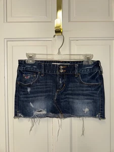 Y2K Hollister Blue Distressed Denim Mini Skirt Size 1 Raw Hem Cutoff Jean Skirt - Picture 1 of 3