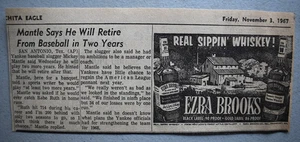 Yankee Baseball Slugger Mickey Mantle Retirado 1967 Anuncio de recorte de periódico vintage - Imagen 1 de 2