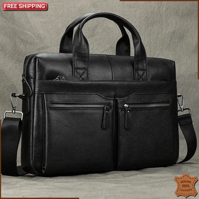 Hombres CUERO GENUINO Maletín para Laptop Bolso de Oficina Negocios Colegio Escuela Bolso de Mano Foto 1 de 4