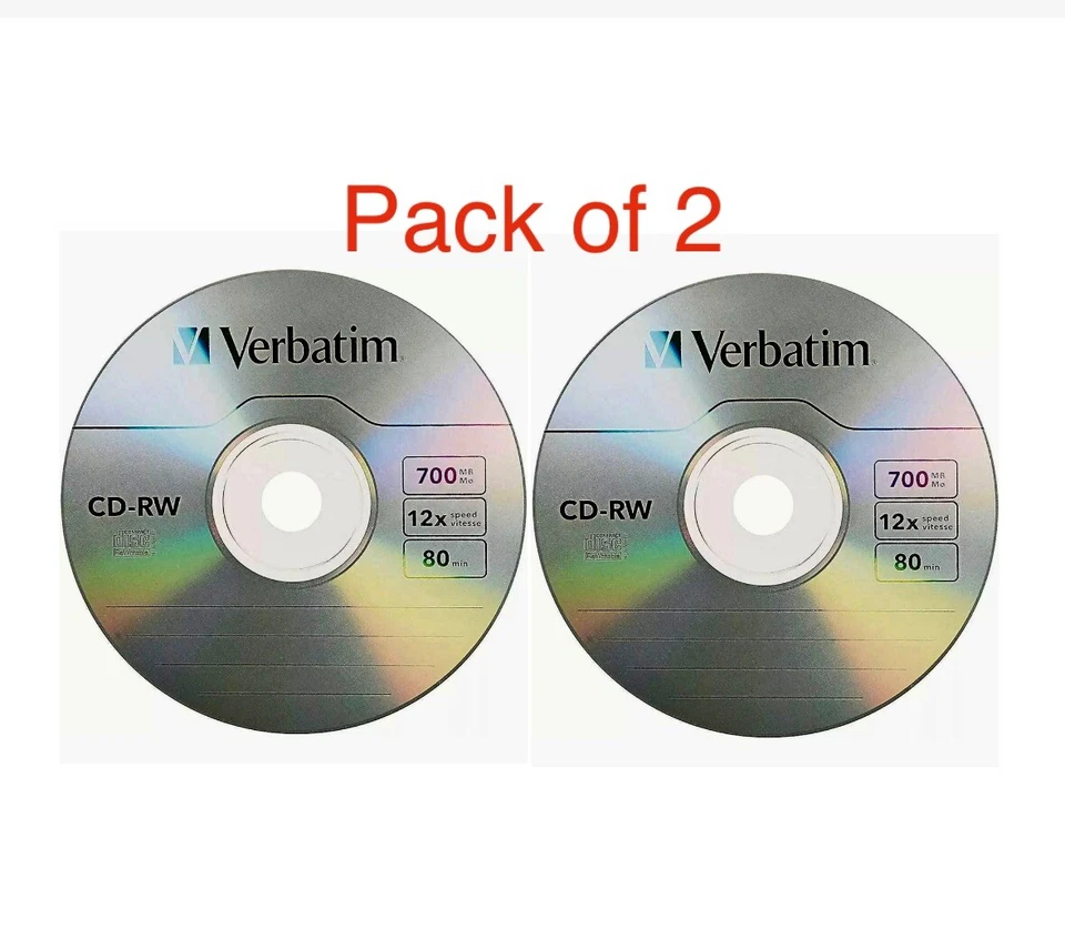 2 x Verbatim CD-RW Disc ReWritable Blank Discs in Sleeve x12 Speed 700MB 80min - Image 1 of 1