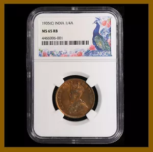 British India 1/4 (Quarter) Anna, 1935 (C) Calcutta NGC MS 65 RB King George V - Picture 1 of 2