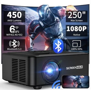 SCREENMAX Projector with WIFI and Bluetooth,Native 1080P Projector, 450 ANSI Por - Picture 1 of 8