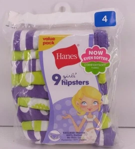 Hanes Girls Purple, Green, White Cotton Hipster, 9 Pair of Panties. Size 4. - Picture 1 of 3