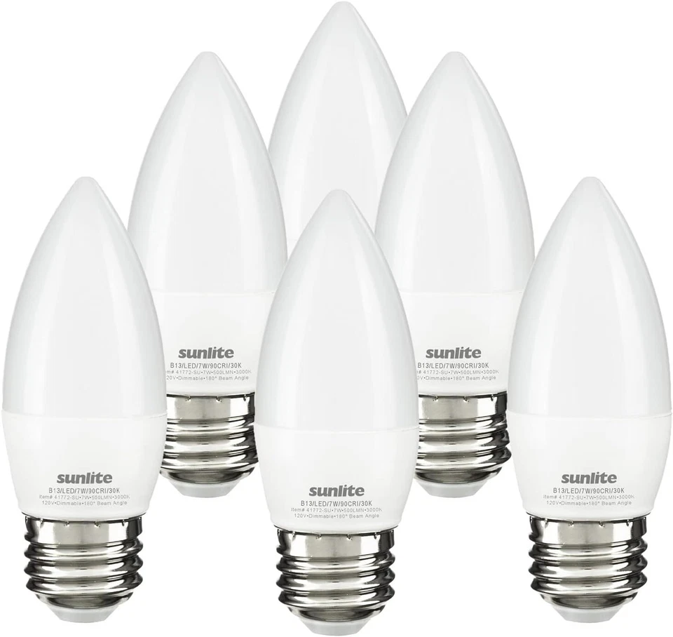 LED B13 Frosted Chandelier Torpedo Bulb 7W(60W=) E26 3000K Warm White 6-Pack - Image 1 of 2