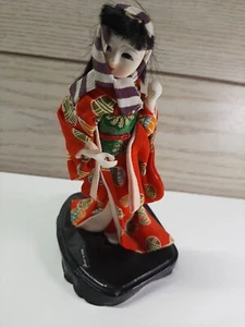 VTG 8" 1950'S Japanese Doll On Dark Wood Stand - Picture 1 of 7