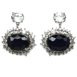 Thai Handgefertigt 10 x 14 Mm. Blauer Saphir, Topas & Zirkonia Ohrringe - Bild 1 von 4