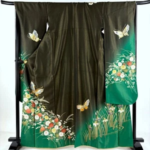 Kimono fino japonés SEDA "FURISISODE", KIKU, BT, hilo dorado, lámina, Kin-Toshi, L5'5".4523 - Imagen 1 de 11